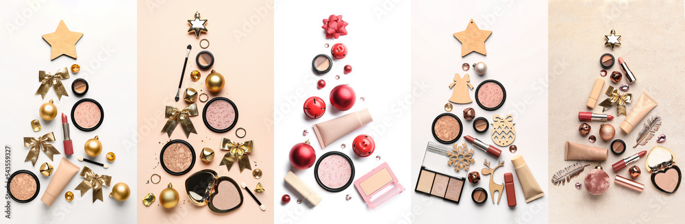 由化妆化妆品、配饰和装饰品在浅色背景上制成的圣诞树拼贴画