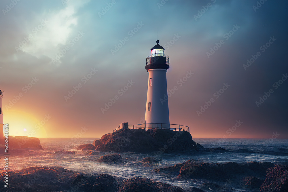 壮观的海洋景观，灯塔在日出或日落时提供光线。科斯平静的大海