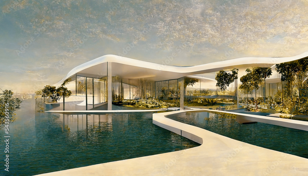 豪华泳池别墅壮观的当代设计3D插图数字艺术房地产，家，ho