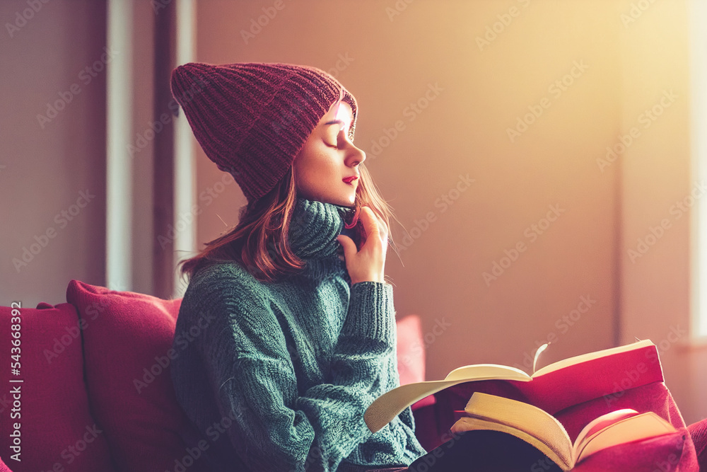 女人在家里坐在舒适的沙发上看书，专注和放松。3D插图。