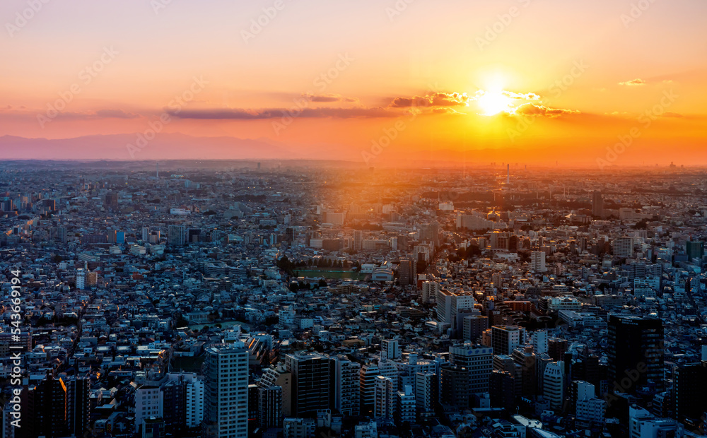 日落时分，摩天大楼耸立在日本东京西新宿的城市景观上