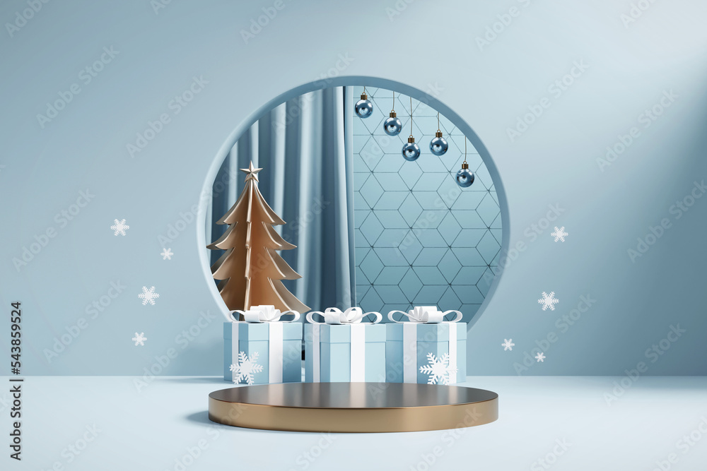 豪华圣诞快乐产品展示台，配有松树和装饰3d渲染