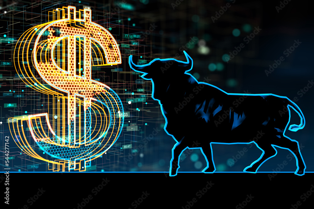 美元市场走高，趋势看涨，深蓝色背景上有数字牛市轮廓