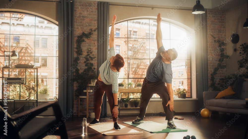 阳光下，一对面带微笑的活跃老年夫妇在家一起做体操和瑜伽伸展运动