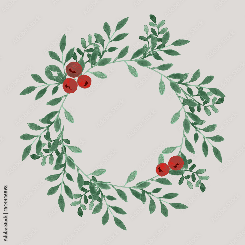 圣诞快乐水彩花环。绿色冷杉树枝和红色浆果。矢量插图。自然设计