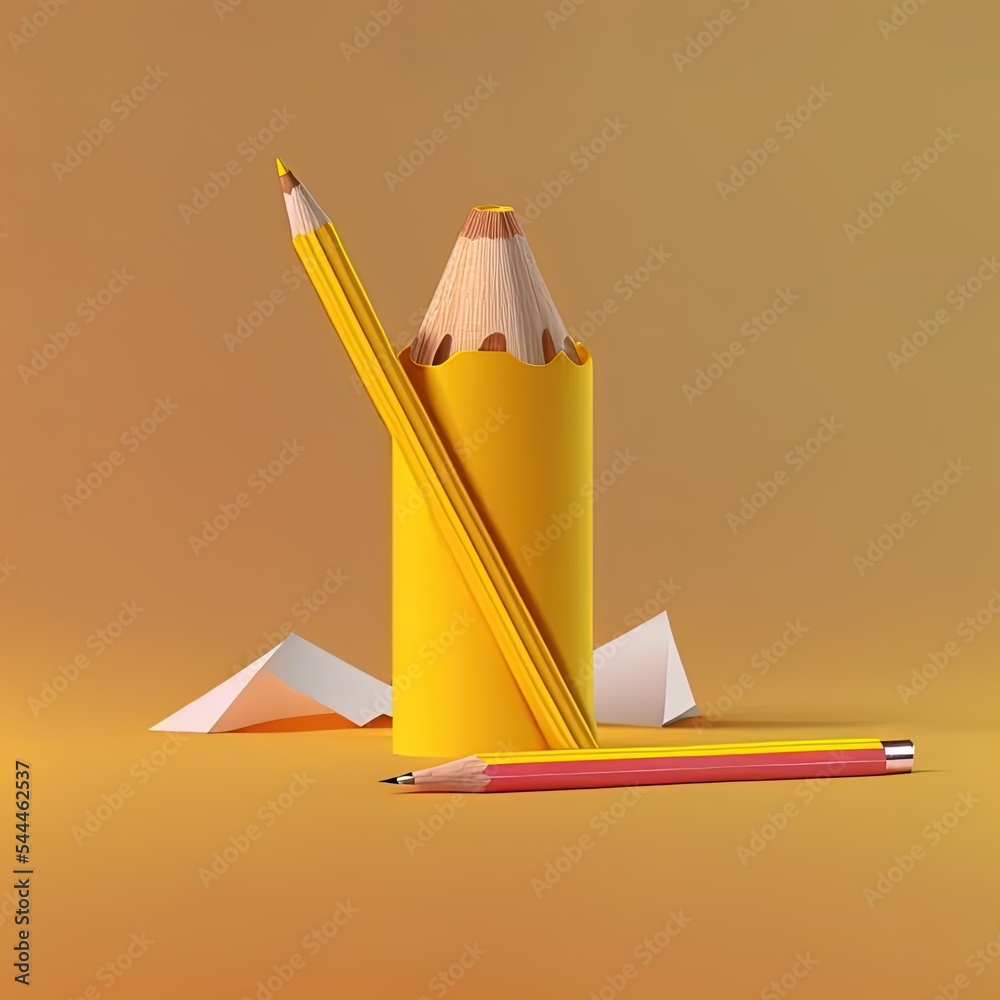 黄色绘画铅笔艺术设计或教育文具设备，以创意色彩为背景