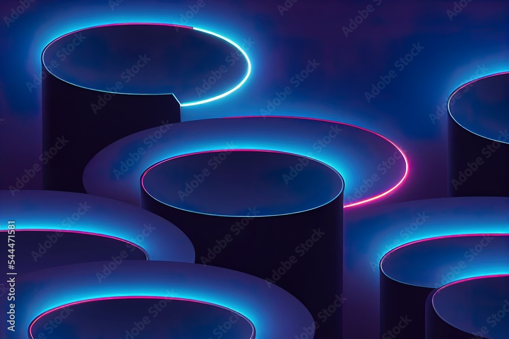 逼真的深蓝色圆柱体基座讲台，带有发光的竖灯——未来主义者的霓虹灯线条
