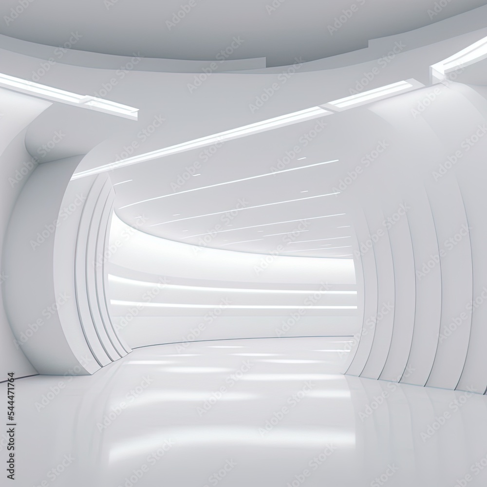 现代白色空间室内，带有曲线墙3d渲染，有光泽的地板和天花板装饰w