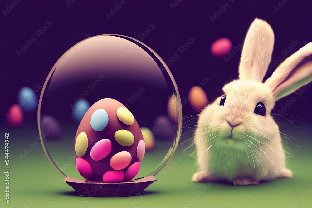 3d卡通复活节假期模板，可爱的兔子藏在挂着的巧克力蛋里。Ea的概念