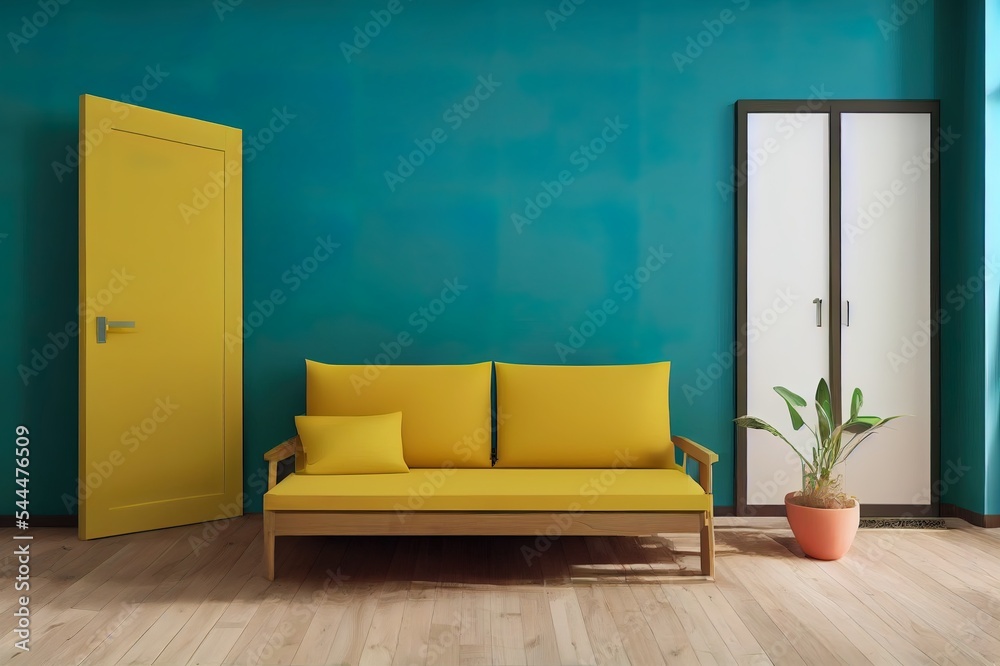 逼真的3D渲染空荡荡的空白现代芥末黄色公寓，带亮蓝色折叠门框