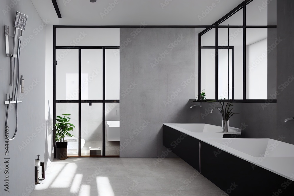 现代现代阁楼浴室，带室外淋浴3d渲染，有混凝土瓷砖地板和卫生间
