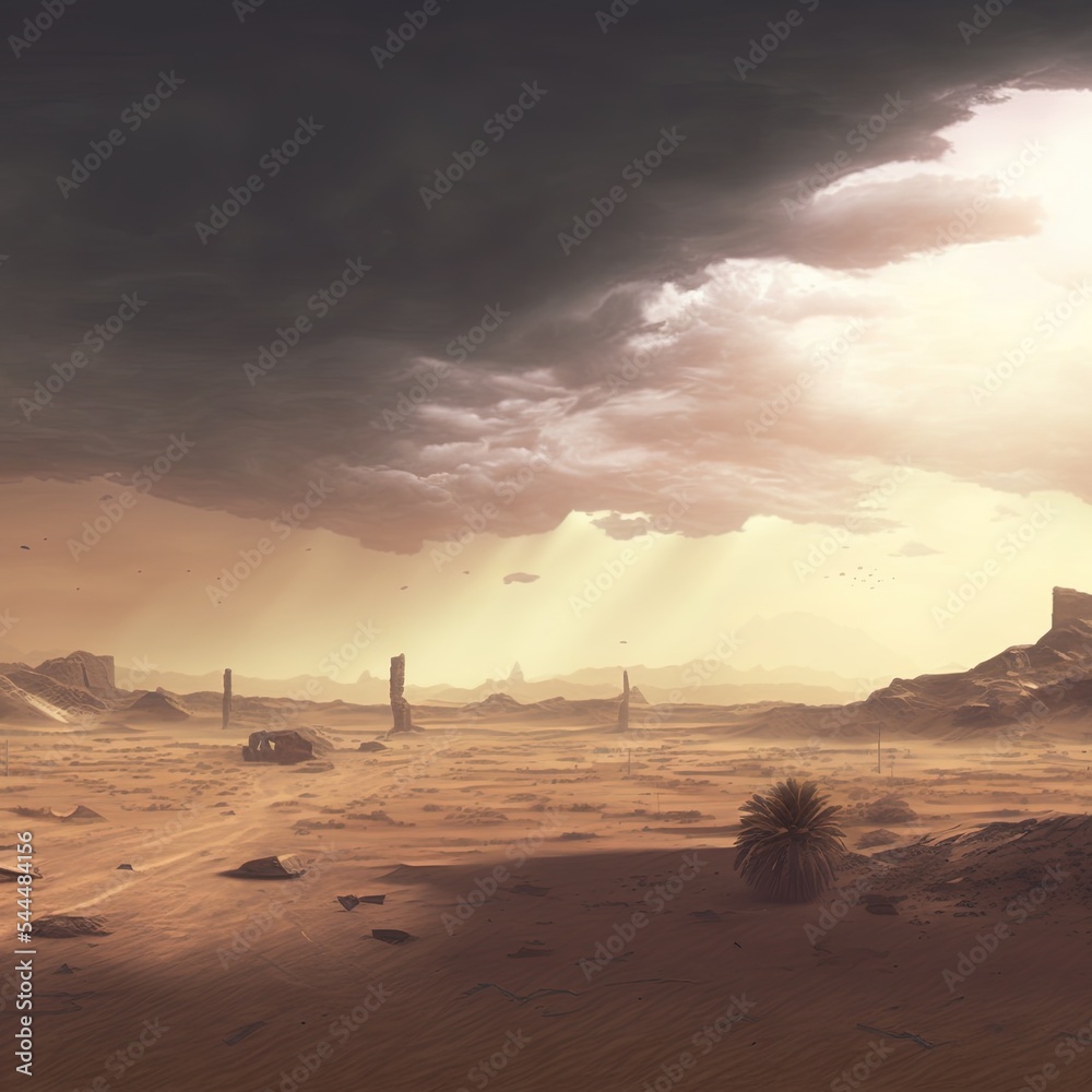 在阳光明媚的热天，暴风雨背景下，史诗般的后世界末日沙漠景观