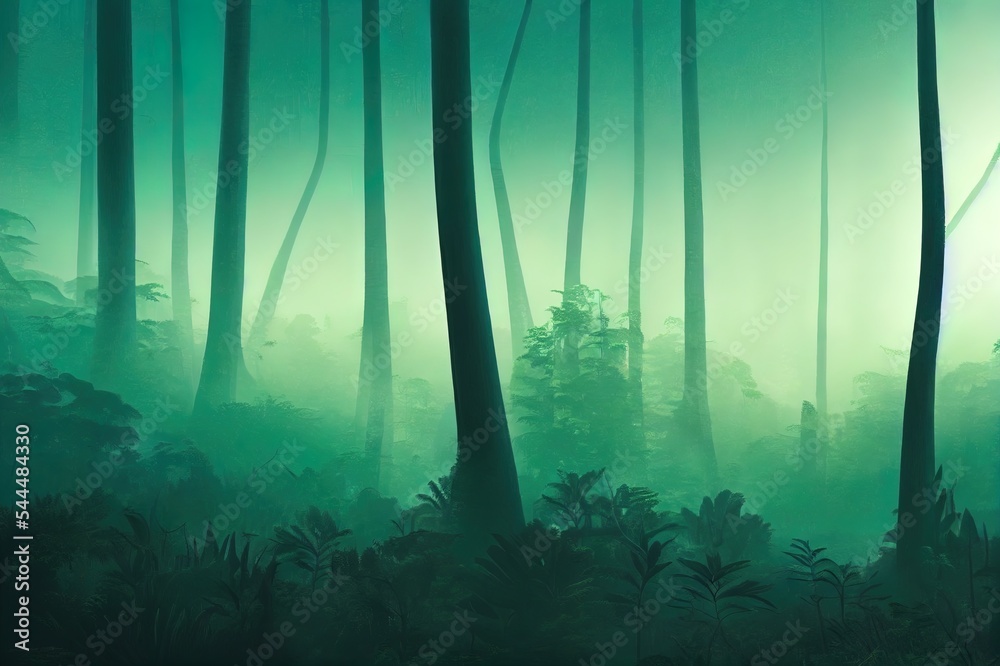 Exotic foggy forest. Jungle panorama, forest oasis. Foggy dark forest. Natural forest landscape. 3D 