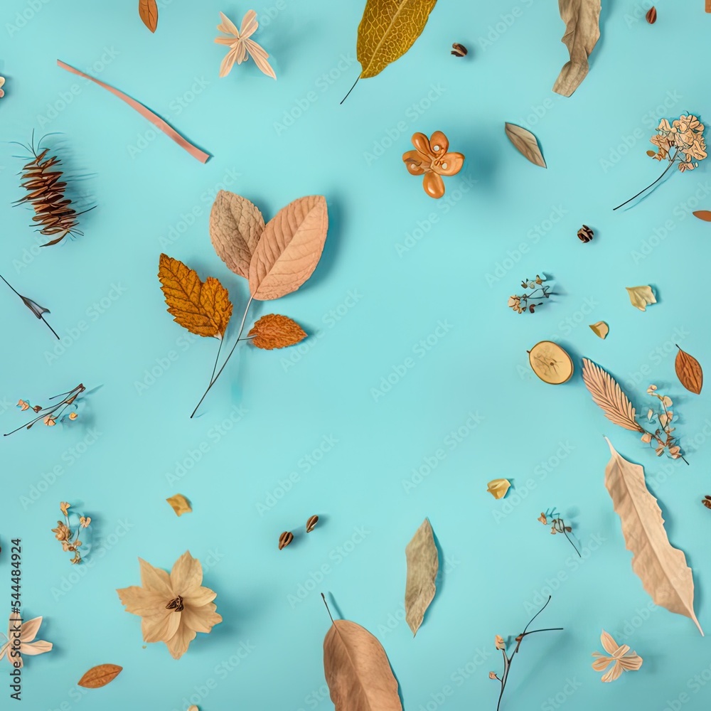 秋天的构图。干燥的树叶，淡蓝色背景上的花朵。秋天，秋天，冬天的概念。F