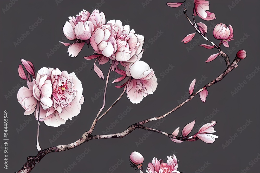 牡丹、樱花、叶子、树枝、孤立的花朵插图。适合全身纹理