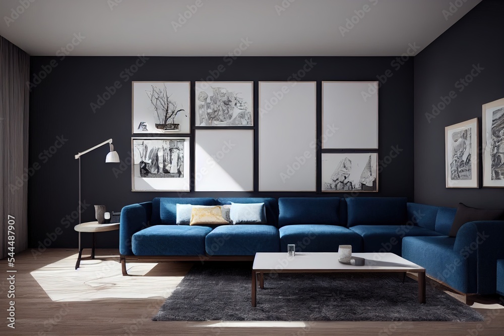 舒适的现代客厅内部在空的深蓝色墙壁背景上有沙发。3d效果图