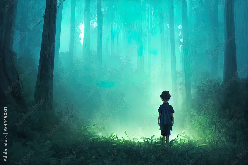 fantasy scenery showing the boy standing in front of the magic gate with glowing blue light in beaut