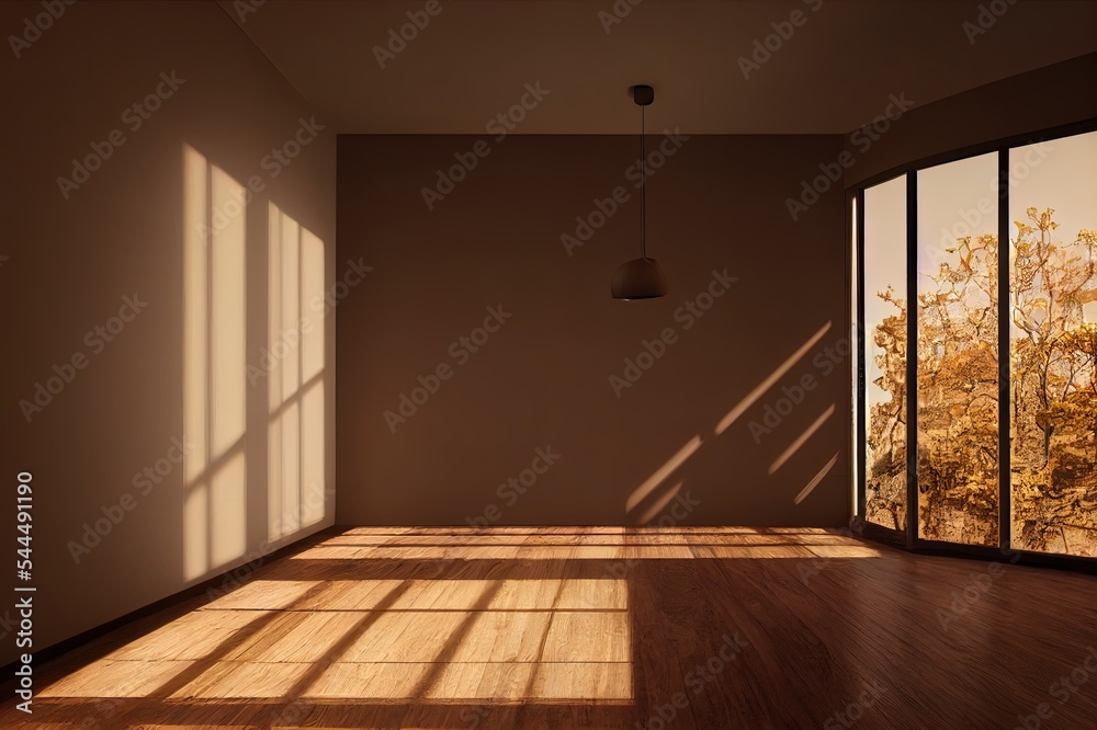 空的深棕色板墙房间内部3d渲染，用隐藏的温暖灯光装饰。
