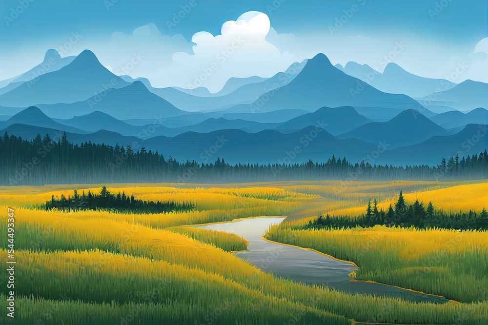 夏日河山平静的景观插图。海岸边的卡通自然树木和绿草