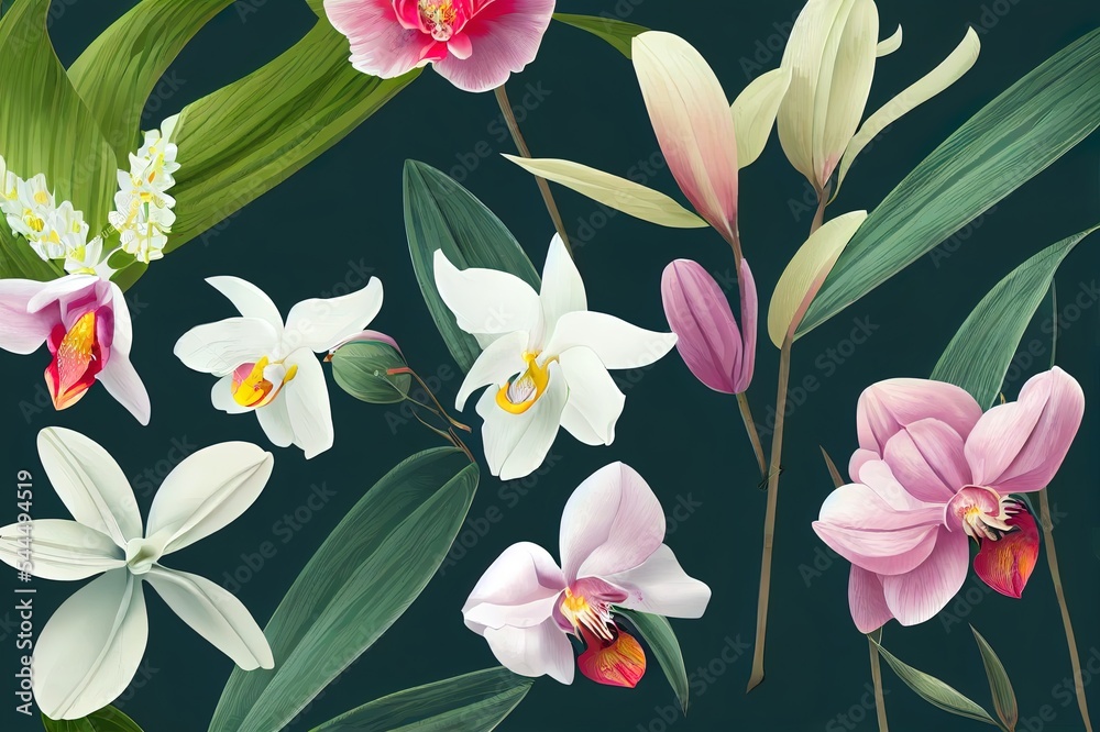 花朵和热带树叶的彩色孤立元素插图。牡丹、木兰、兰花、li