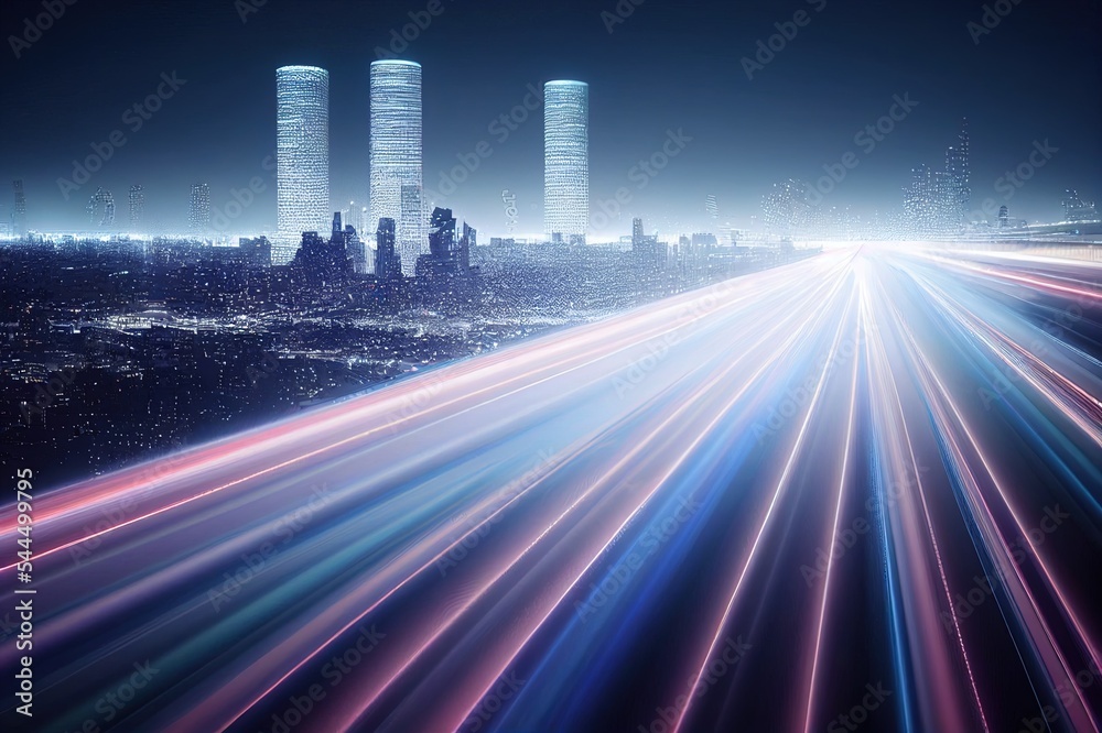 超环中扭曲速度的3D渲染，近距离巨型城市建筑灯光的模糊光