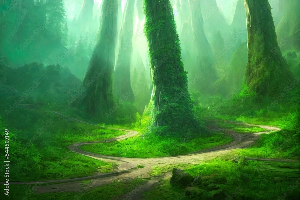 神秘梦幻山中壮丽的绿色森林。梦幻背景概念艺术现实主义幻觉