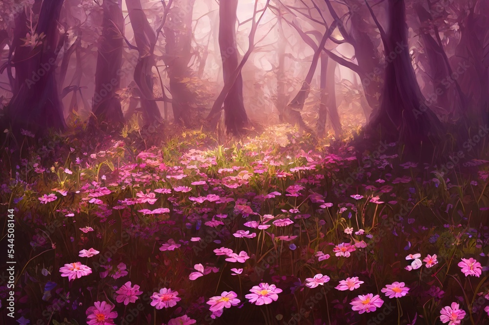 森林空地内的一片小花田。电子游戏数字CG艺术品，概念插图