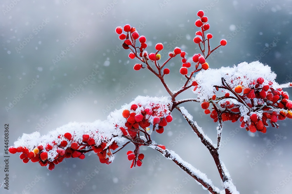一束束成熟的红色罗望子，上面覆盖着雪，树枝上结着霜，冬天的罗望子树