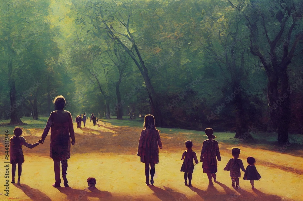 一家人在公园里散步