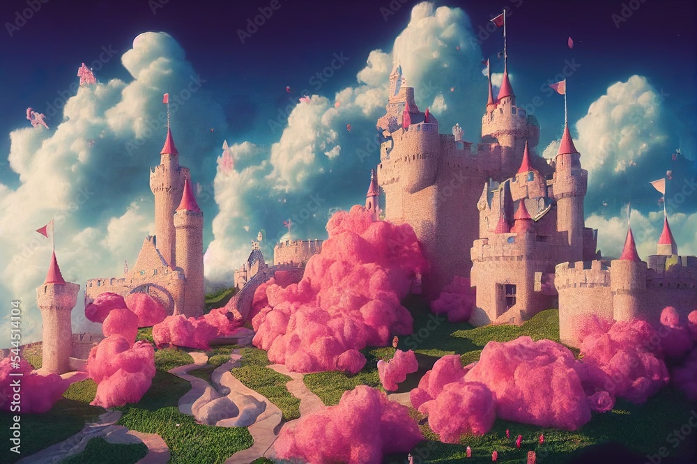 棉花糖云童话城堡的3D渲染