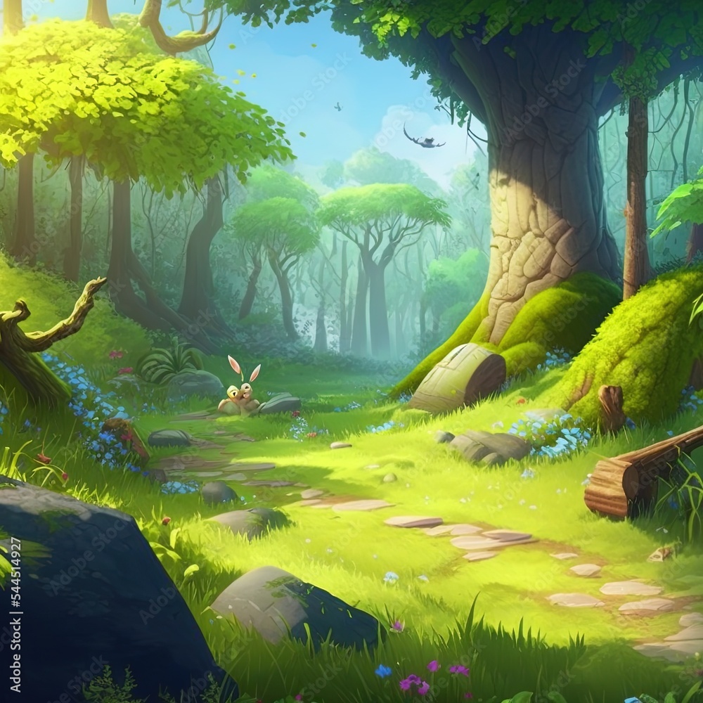 小森林里清新快乐的春天空气。电子游戏数字CG艺术作品，概念插图