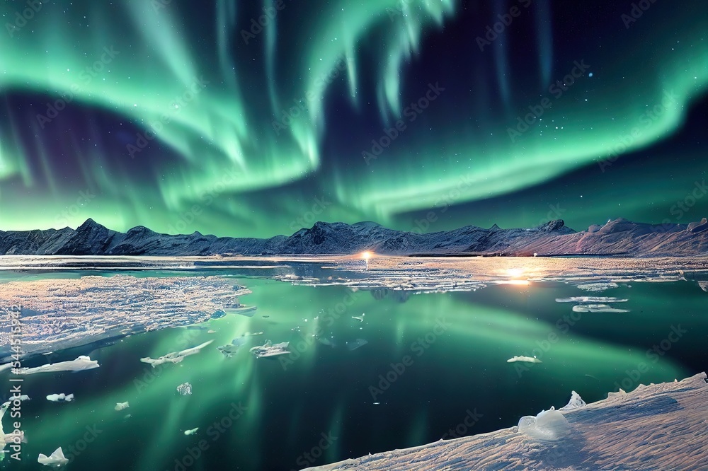 寒冷的湖泊和极地灯光的冬季苔原景观3D艺术作品壮观的背景。华丽