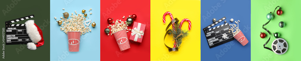 彩色背景上有爆米花、电影快板和电影卷轴的圣诞装饰品拼贴