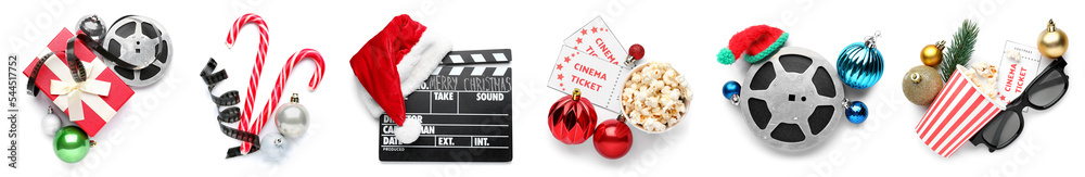 圣诞装饰品拼贴，上面有电影票、电影快板、爆米花和白色胶卷