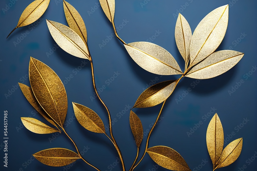Elegant blue flowers with golden leaf and twigs on light background. Vintage decorative element for 