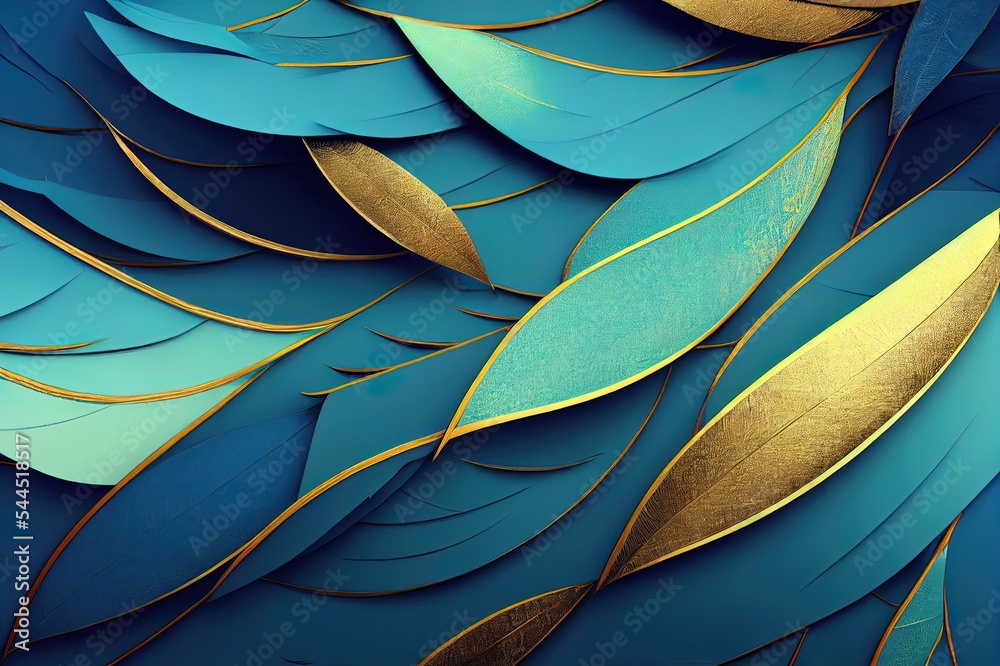 3d艺术壁纸。蓝色、绿松石色和灰色的树叶、羽毛、金色的浅色背景