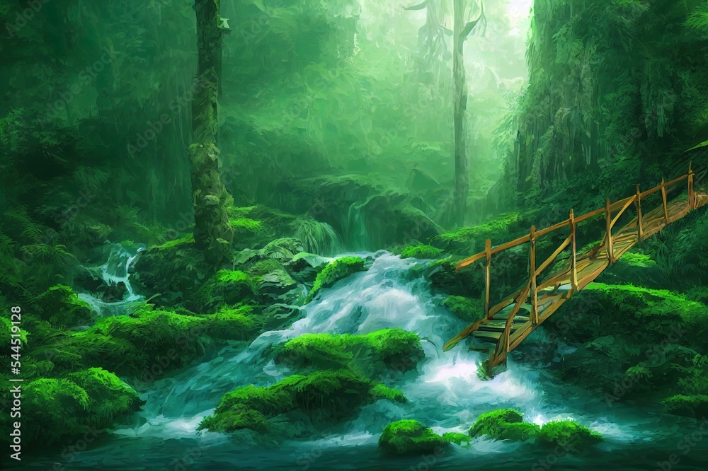 瀑布附近森林深处的木桥。电子游戏数字CG艺术作品，概念Il