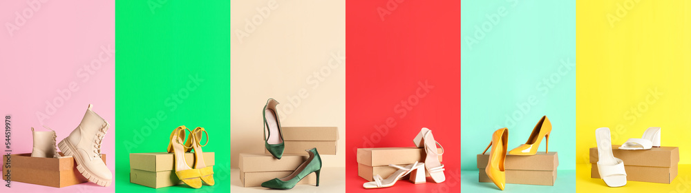彩色背景时尚鞋子的纸板箱集合