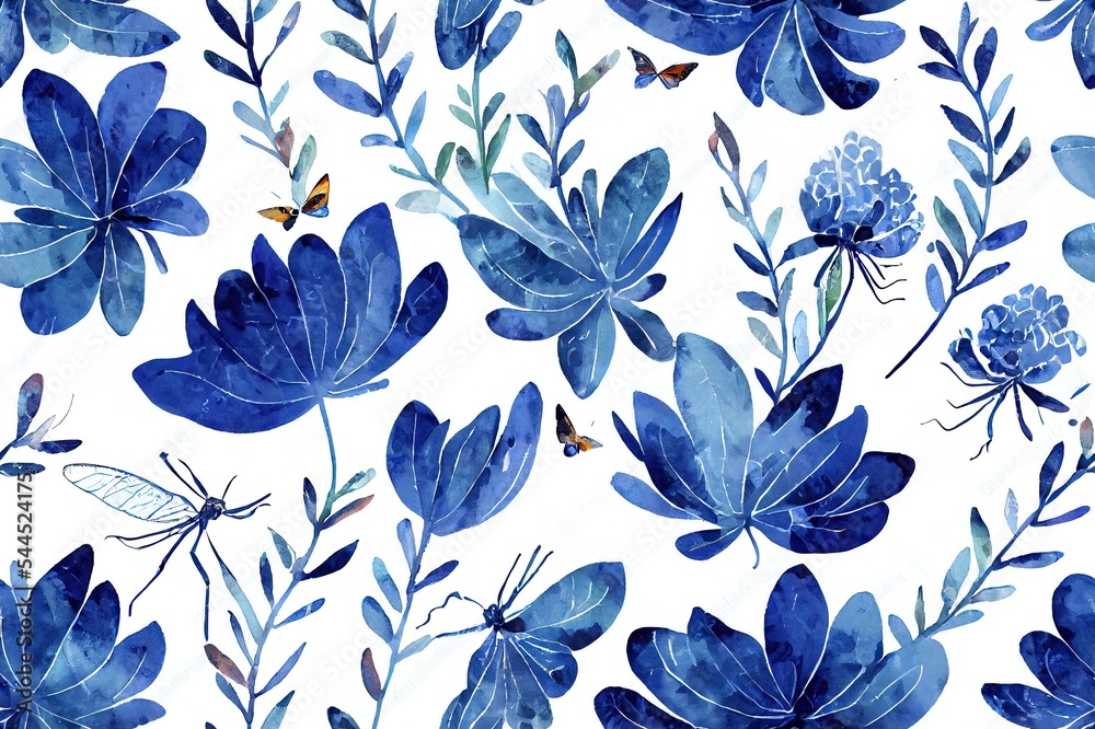 花卉无缝水平边界，带有抽象的蓝色花朵、植物、草和蝴蝶