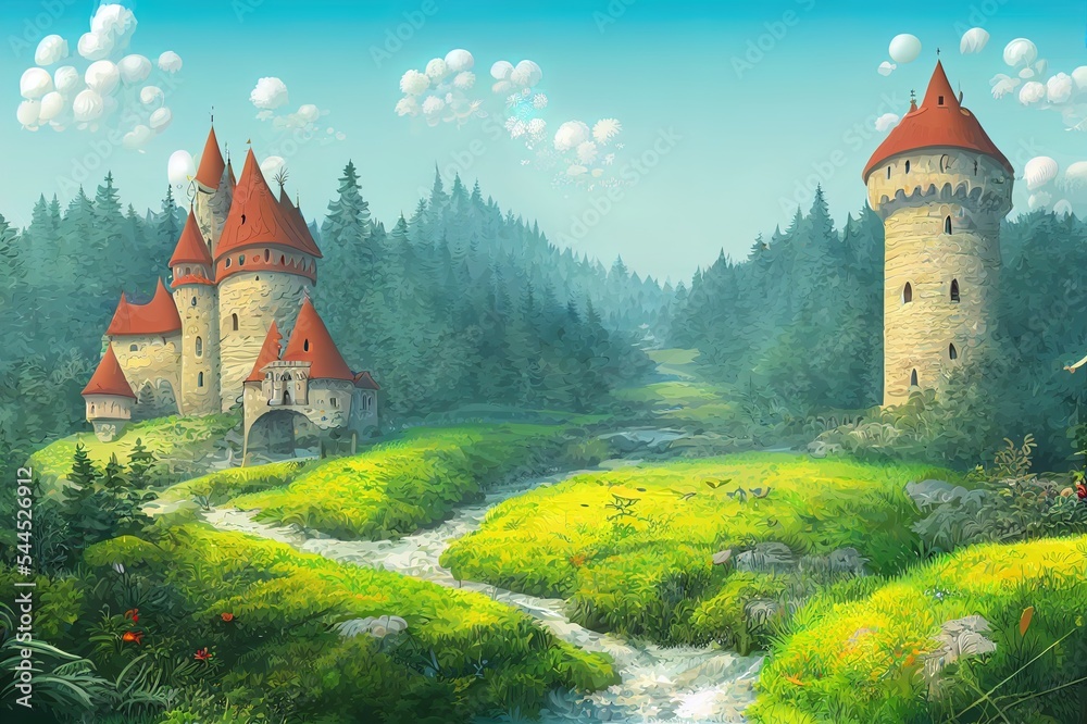 为儿童绘制的带有美丽城堡和森林插图的卡通自然场景