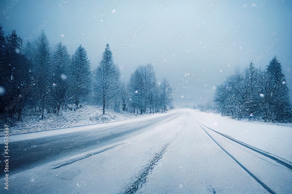 冬季下雪时，空旷的道路上覆盖着积雪的景观。