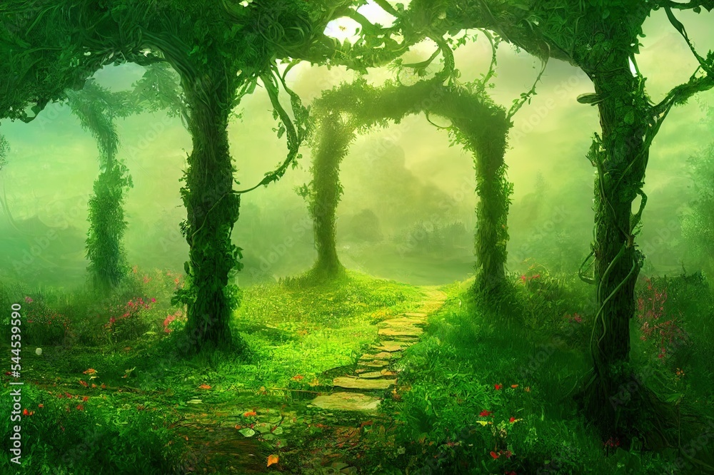 Spectacular archway covered with vine in the middle of fantasy fairy tale forest landscape, misty on