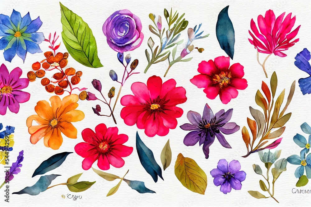 五颜六色的花卉系列，包括五颜六色的花朵、叶子、树枝、浆果等，五颜六色的植物群