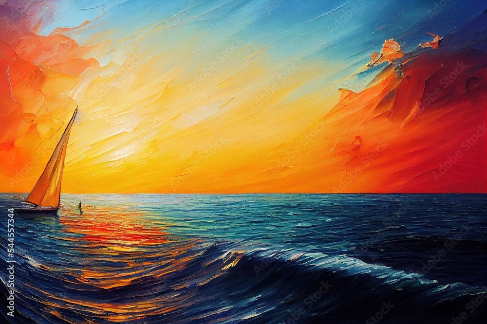 画布纹理上的彩色油画。带有阳光背景的海景画的印象派图像