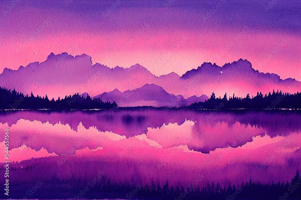 水彩手绘风景粉紫色玫瑰湖紫色天空
