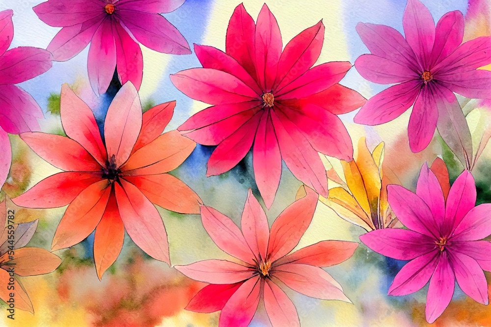 水彩花手绘彩色美丽的花朵，黄色粉红色的红花植物作为卡片