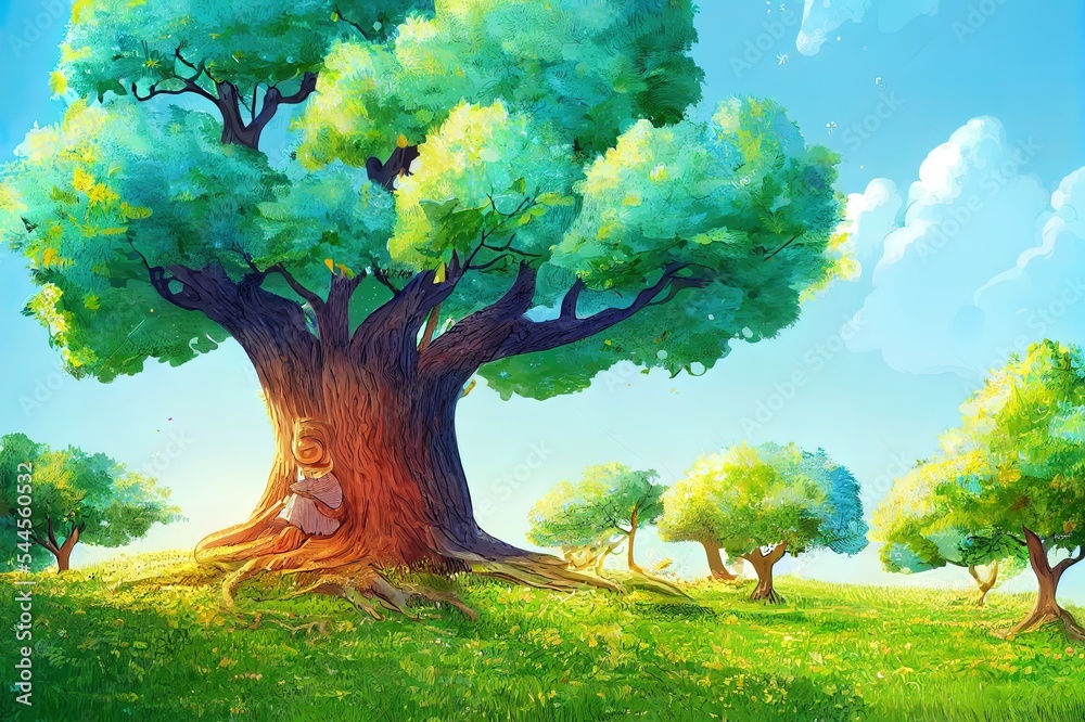 童话森林儿童故事插图。大树多枝，蓝天，阳光明媚
