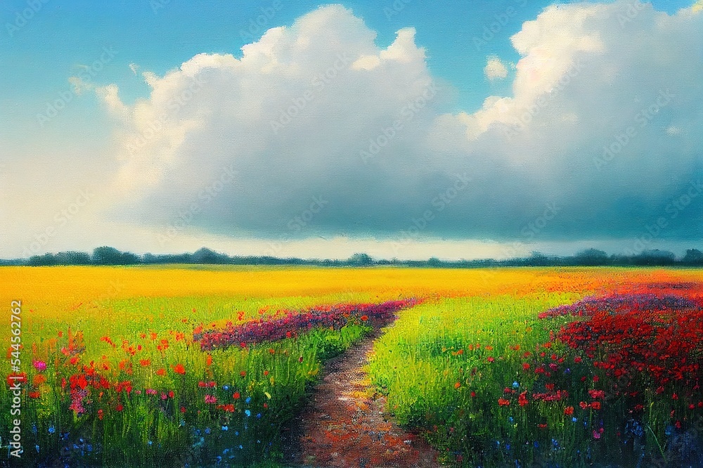 美丽的云朵下田野里的五颜六色的花朵，风景画