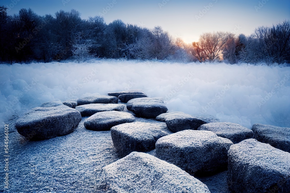 石头和霜冻的冬季自然之美。背景为文本复制空间