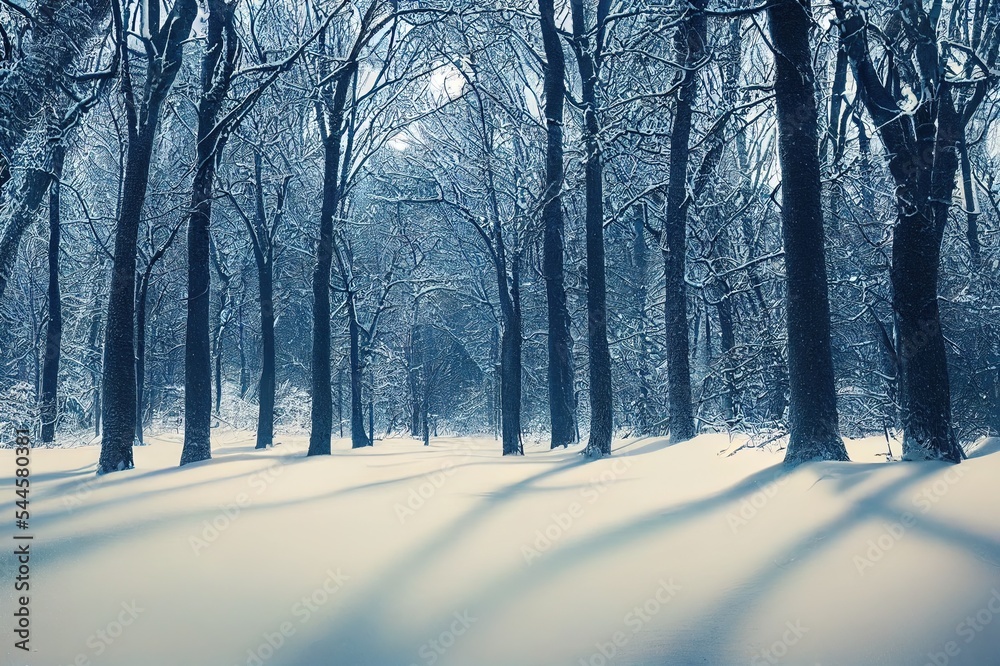 冬季雪地森林。冬季自然景观户外背景。色调柔和。